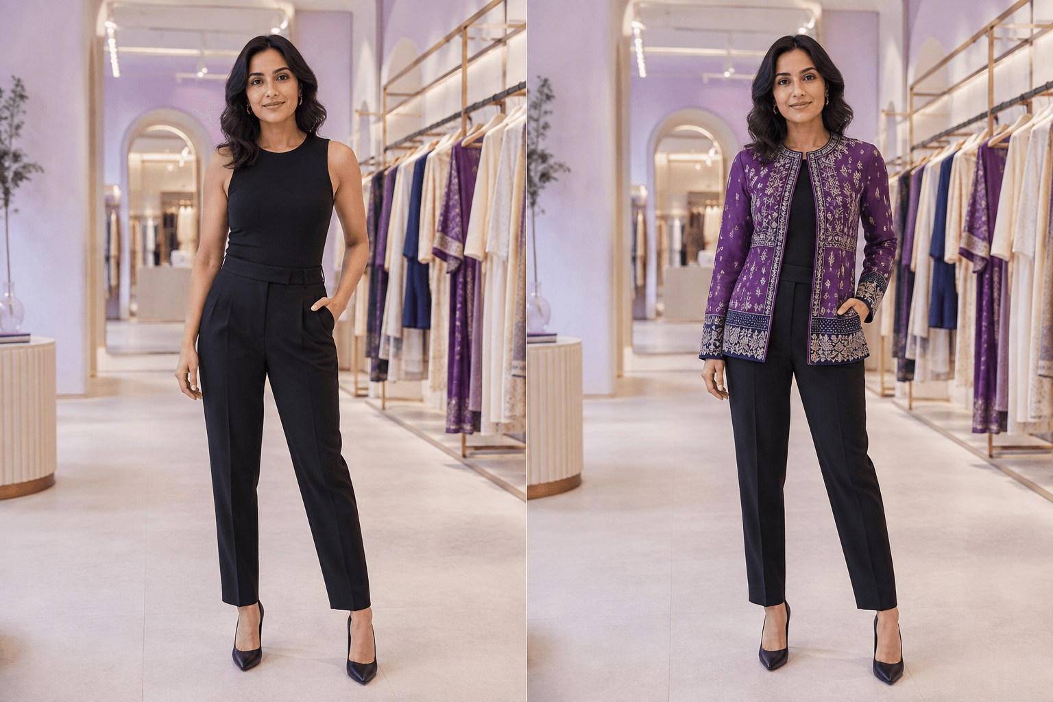 Before and after virtual try-on of the same shopper in a boutique, first in a simple black outfit and then wearing an embroidered violet jacket